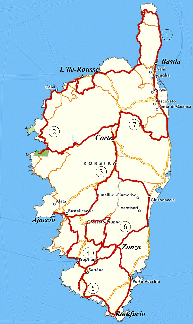 In sieben Etappen mit dem Motorrad durch Korsika: 1 = Bastia über das Cap Corse bis I`lle Rousse. 2 = I`lle Rousse bis Corte. 3 = Corte bis Ajaccio. 4 = Ajaccio bis Zonza. 5 = Zonza bis Bonifacio. 6 = Bonifacio bis Corte. 7 = Corte bis Bastia